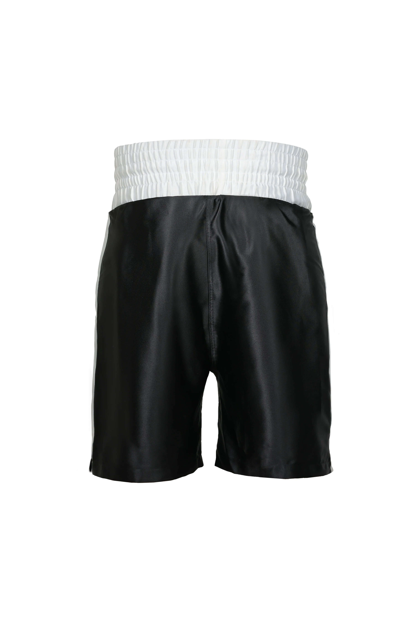 Exodia 1 Sports black satin Boxing Shorts with white elastic waistband for training and competition