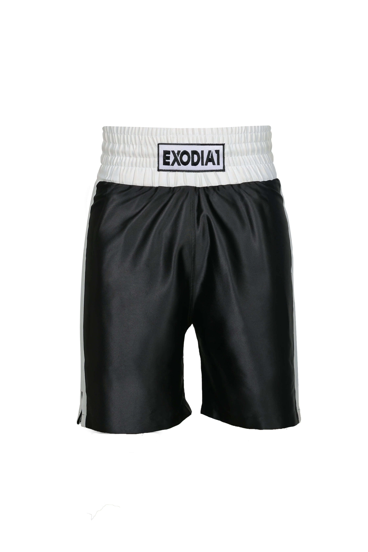Exodia 1 Sports black and white satin Boxing Shorts with elastic waistband