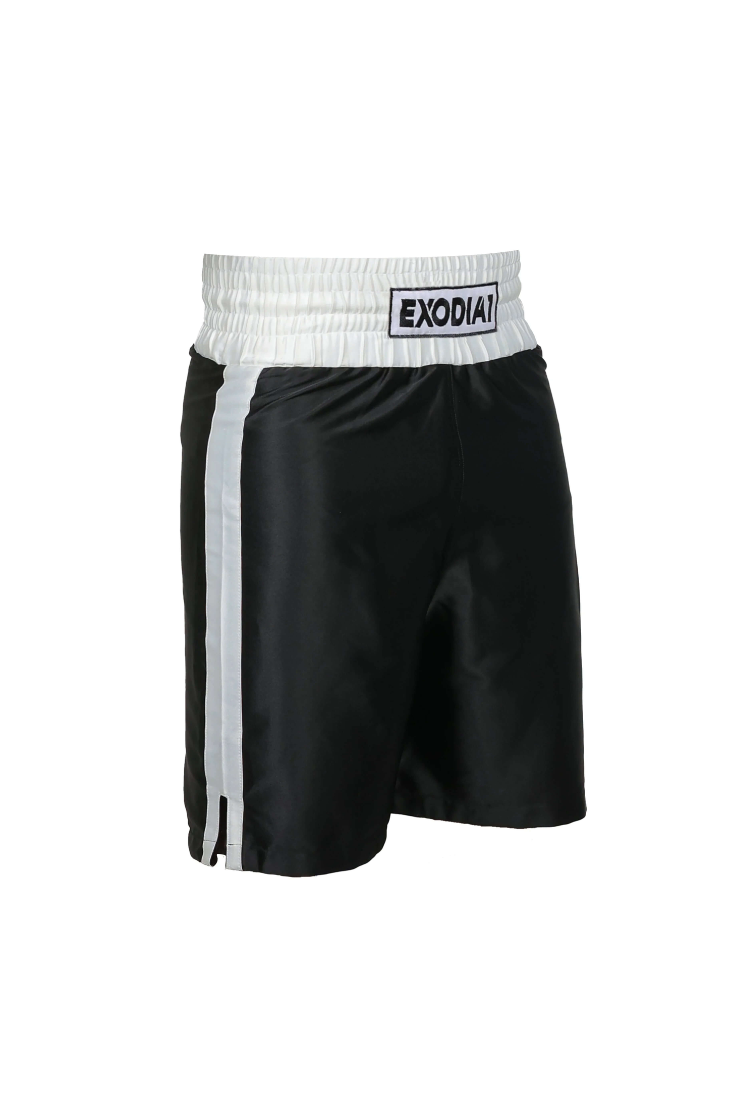 Exodia 1 Sports black and white satin boxing shorts with elastic waistband and side stripes
