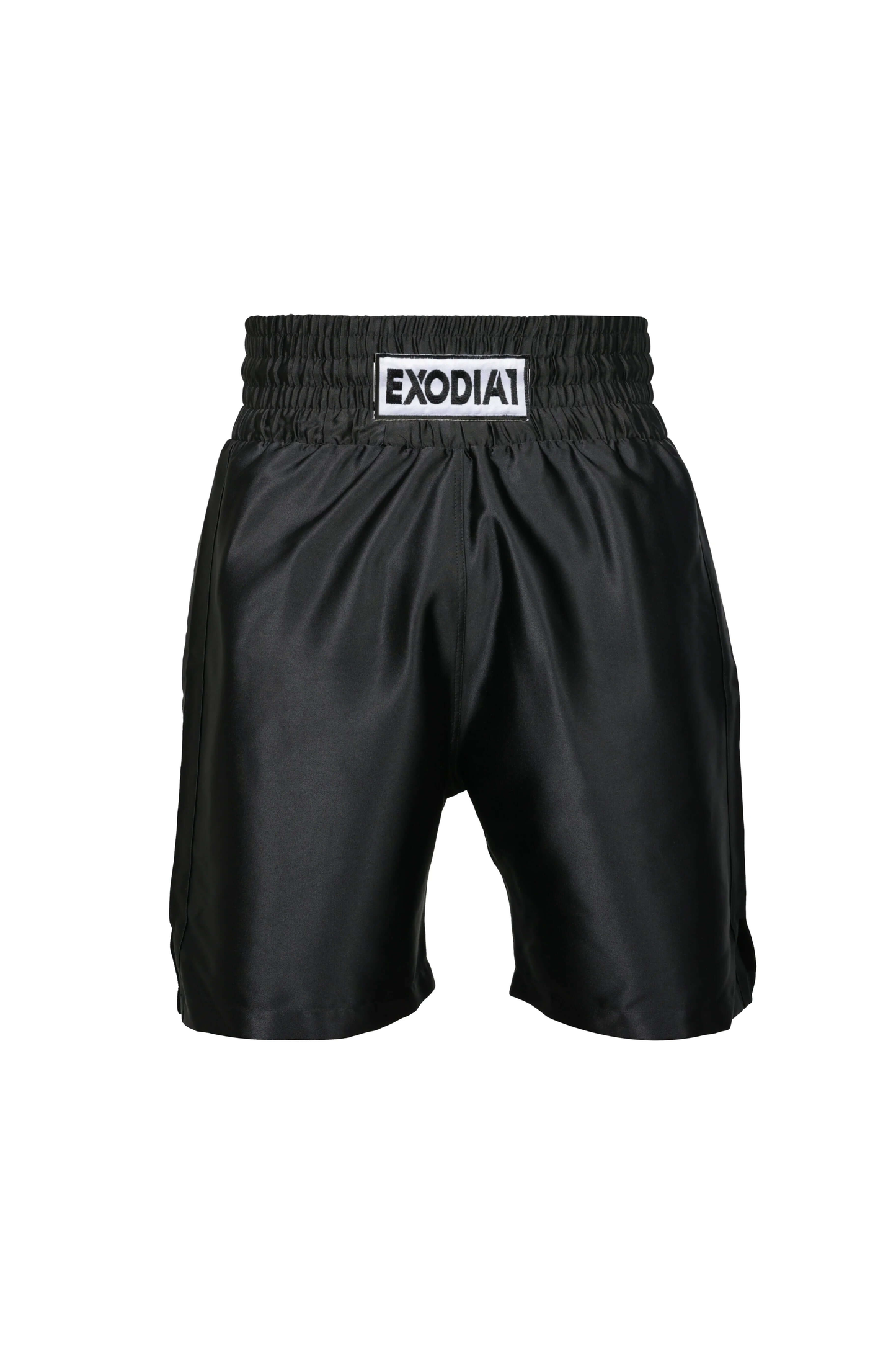 Exodia 1 Sports black satin boxing shorts with elastic waistband for comfortable fit