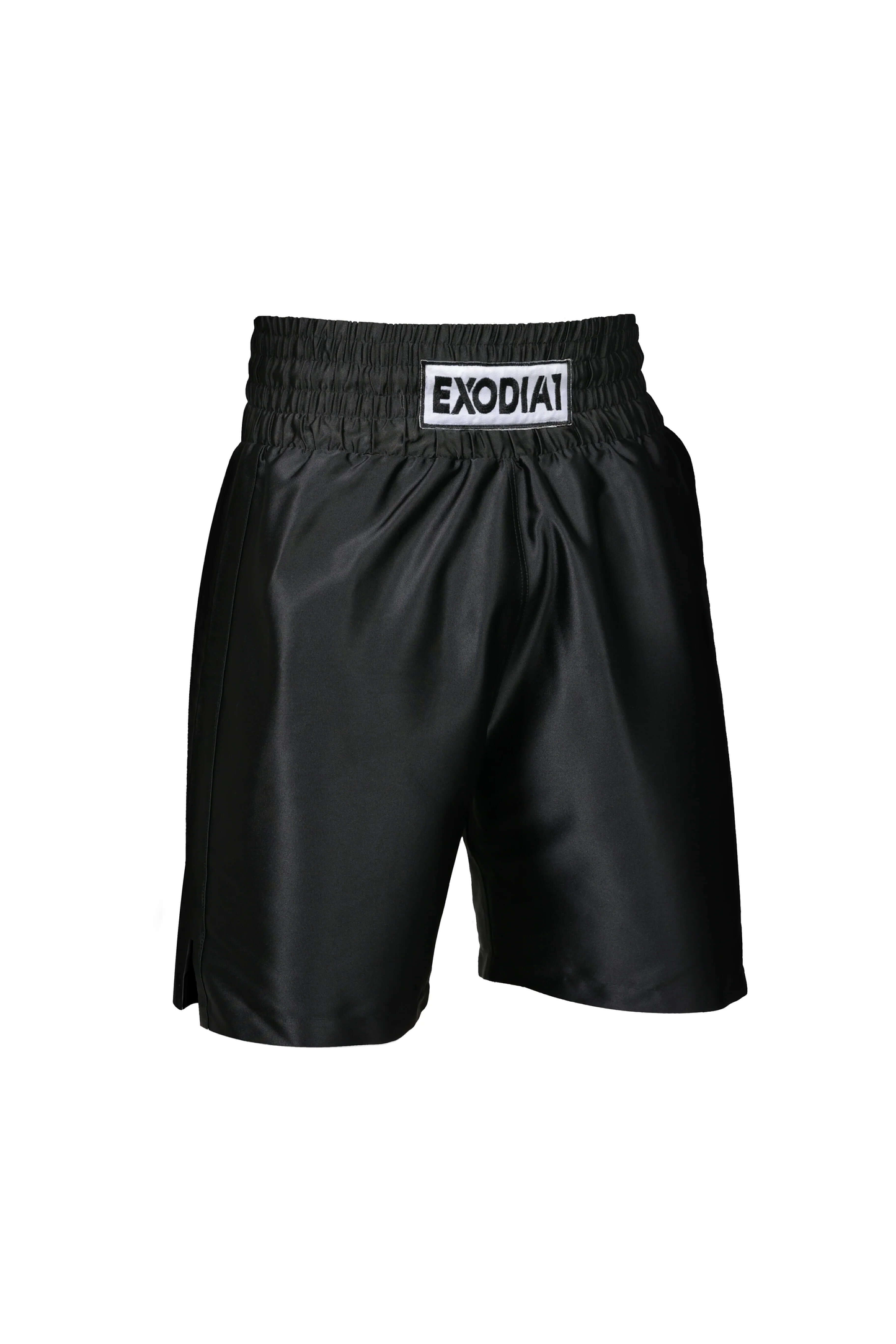 Black satin boxing shorts by Exodia 1 Sports with elastic waistband and logo patch