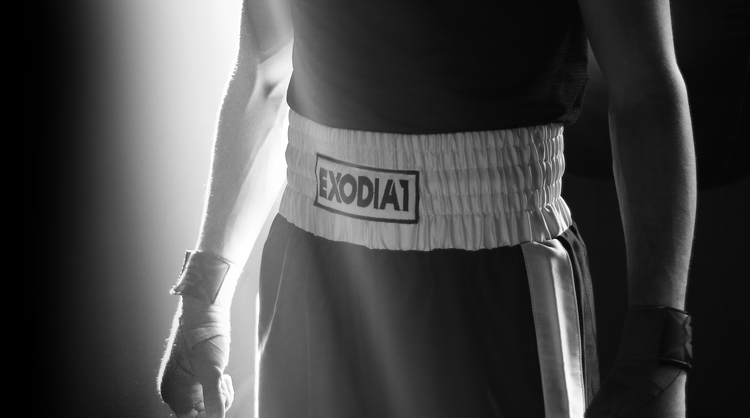 Exodia 1 Boxing Shorts with logo waistband, designed for high-performance training and competition. Premium satin fabric, engineered for comfort and durability in intense workouts