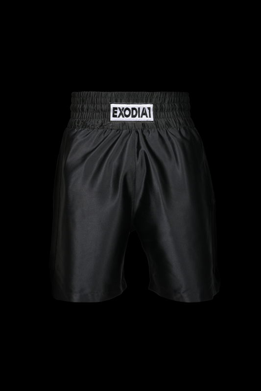 Exodia 1 Black Satin Boxing Shorts - Premium athletic shorts made in Egypt with an elastic waistband, designed for comfort, durability, and peak performance during training or competition