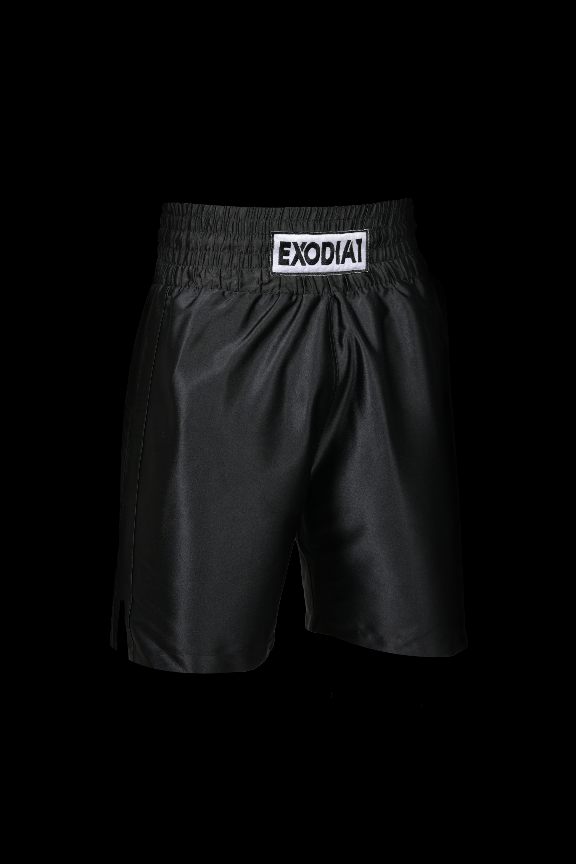 Exodia 1 Black Satin Boxing Shorts - Premium athletic shorts made in Egypt with an elastic waistband, designed for comfort, durability, and peak performance during training or competition