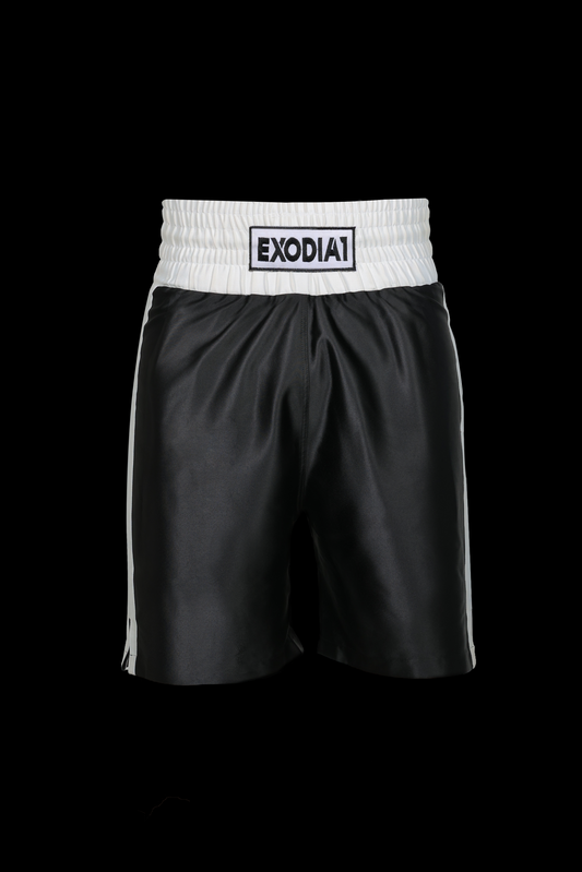 Exodia 1 Edition 1 Black/White Satin Boxing Shorts - Lightweight, durable, athlete-tested with elastic waistband and side stripes. Designed for comfort and performance. Made in Egypt.