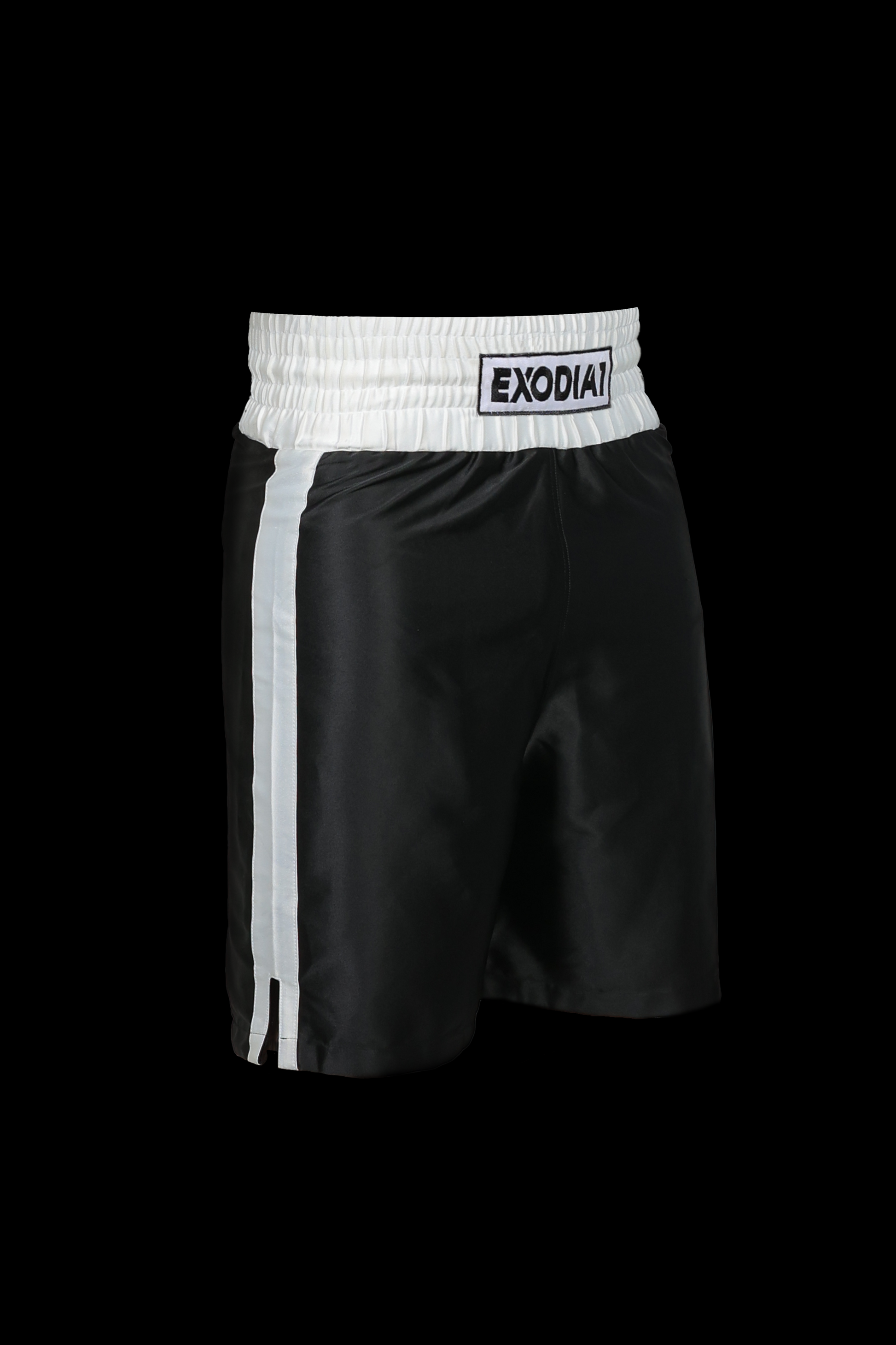 Exodia 1 Edition 1 Black/White Satin Boxing Shorts - Lightweight, durable, athlete-tested with elastic waistband and side stripes. Designed for comfort and performance. Made in Egypt.