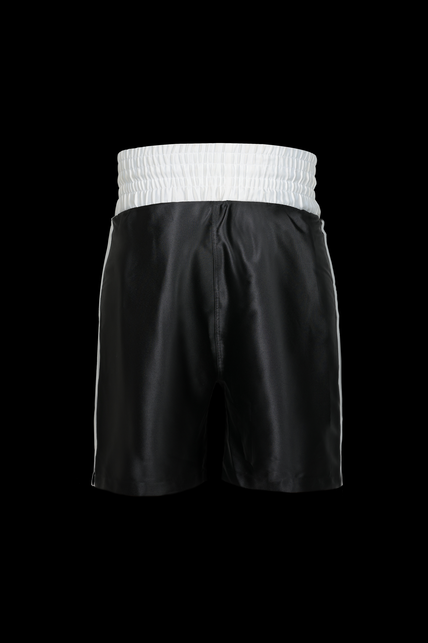 Exodia 1 Black/White Satin Boxing Shorts - Back view showcasing premium satin fabric and elastic waistband for comfort and flexibility during training and matches