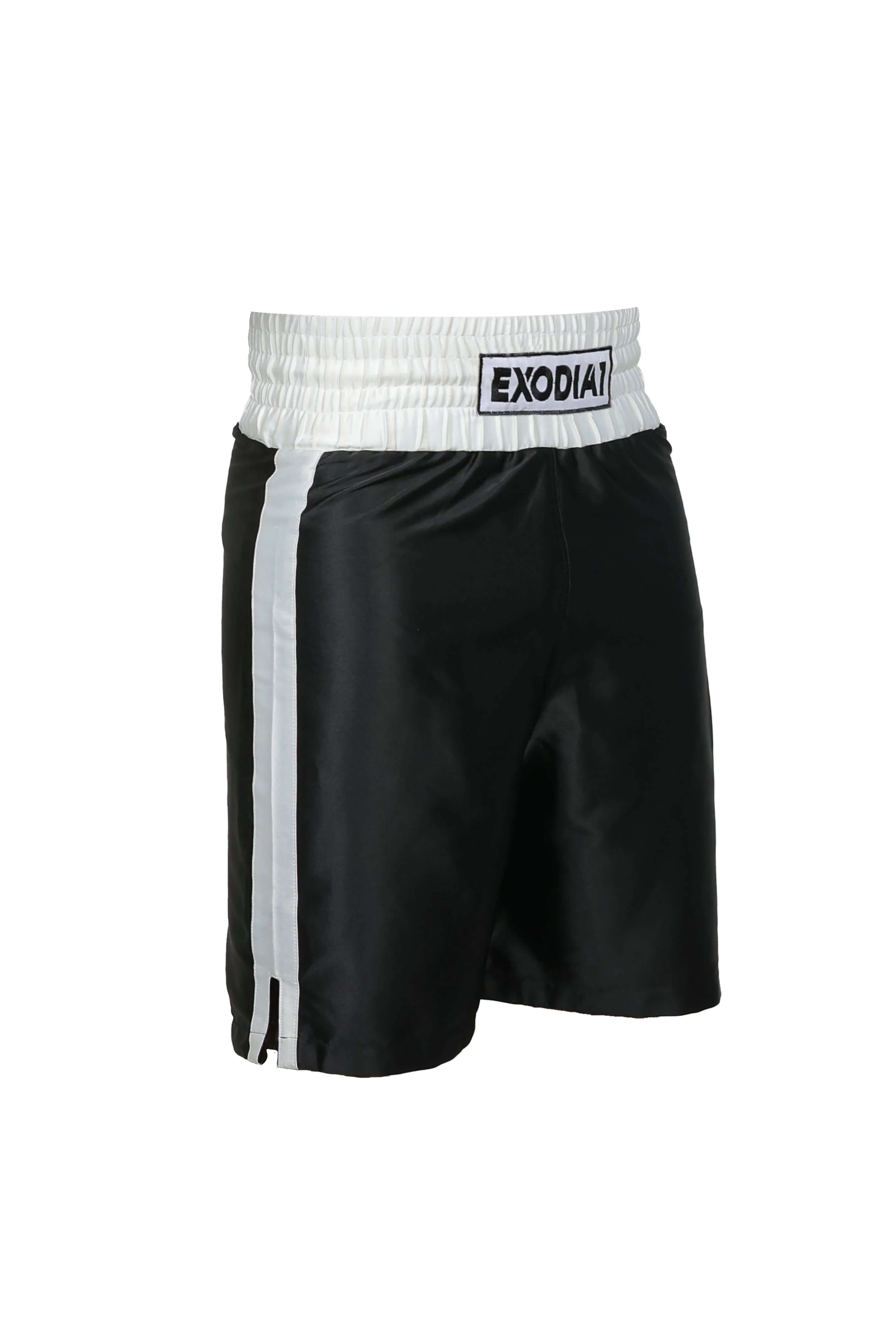 Exodia 1 Sports black and white satin boxing shorts with elastic waistband and side stripes