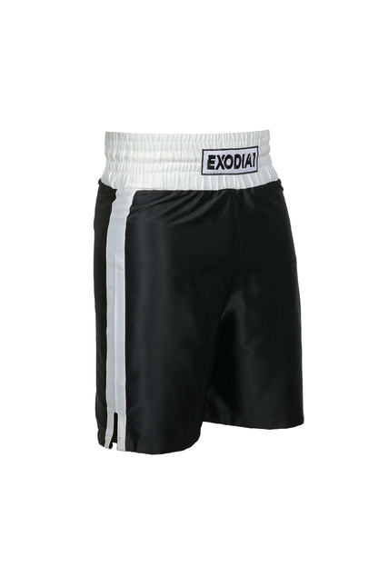 Exodia 1 Sports black and white satin boxing shorts with elastic waistband and side stripes