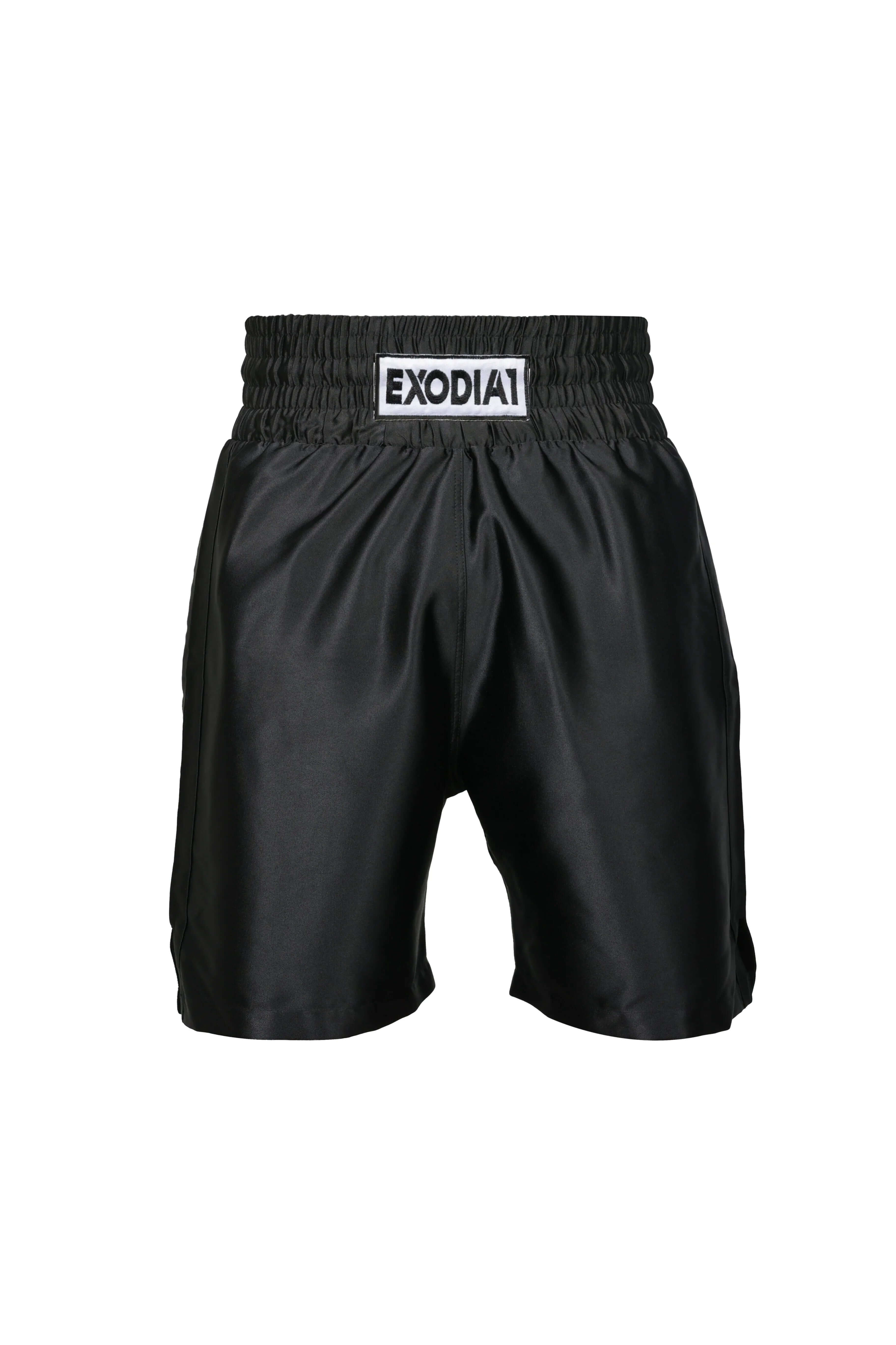 Exodia 1 Sports black satin boxing shorts with elastic waistband for comfortable fit