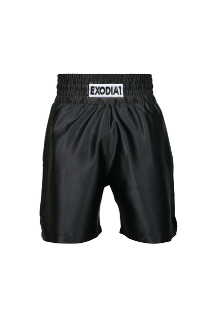 Exodia 1 Sports black satin boxing shorts with elastic waistband for comfortable fit
